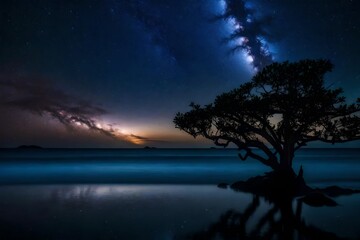 Fototapeta na wymiar cosmic canvas of milky way and tree on the beach