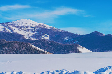 Winter Ski Resort and Snowy Mountains and Scenery in Xinjiang, China - obrazy, fototapety, plakaty