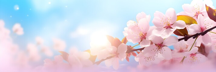 banner of Blooming Flowers And Sky - Spring Background With Defocused abstract Light 