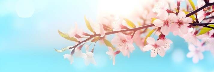 Fototapeta premium banner of Blooming Flowers And Sky - Spring Background With Defocused abstract Light 