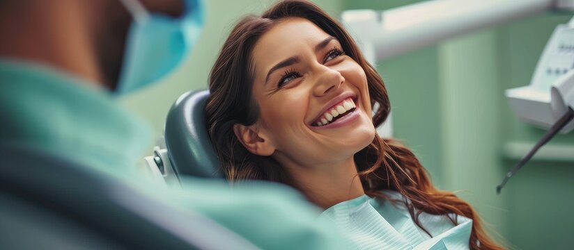 Dentist showing effective whitening results to happy patient during dental examination.