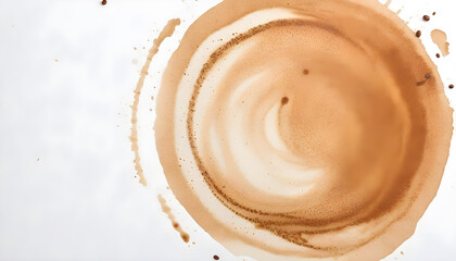 Top view of a brown coffee stain blots on textured light color paper with old rustic vantage quality background spread like water color effect