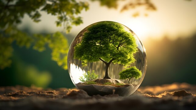 Sustainable World: Tree of Life in Glass Globe at Sunset