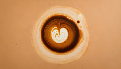 Top view of a brown coffee stain blots on textured light color paper with old rustic vantage quality background spread like water color effect