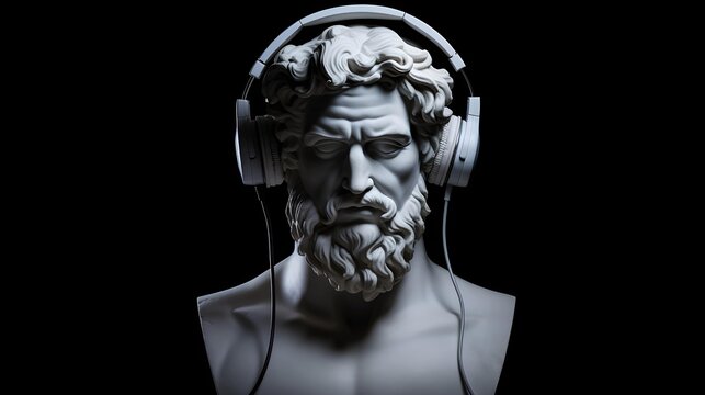 front view of the head of an abstract fictional ancient male statue in modern music headphones, listens to music on a dark background