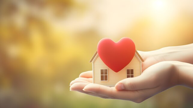 heart shaped hand focusing on a house - concept of real estate purchase and perfect place to live on pastel colored background