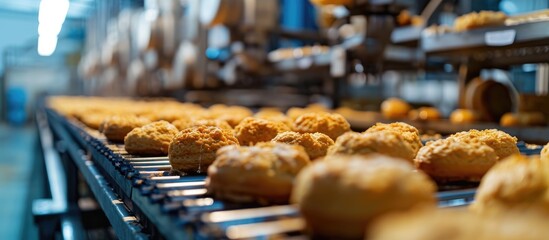 Automated production of baked goods in a food factory. - obrazy, fototapety, plakaty