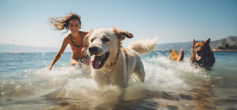 Dog and woman running in the water with a lot of splashing Happy dog running at the sea cinematic photography