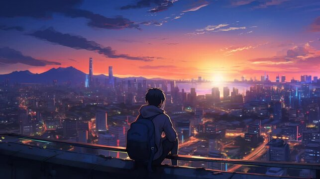 view in the afternoon anime style with school children sitting on top of the building. seamless looping time-lapse virtual video Animation Background.