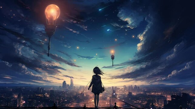 anime style scene with girl looking at the sky. seamless looping time-lapse virtual video Animation Background.