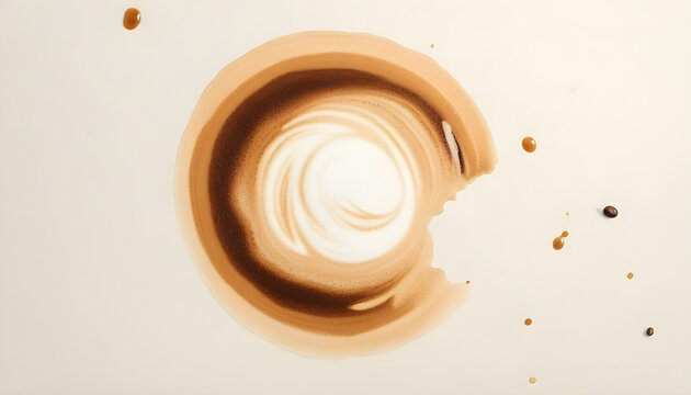 Wide banner image of coffee stain blot texture on white paper background with water color effect 