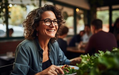Office Break Middle Aged Lady Enjoys Casual Meal with Coworkers