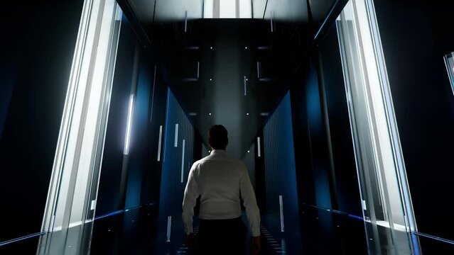 Zero-day vulnerabilities. Man in Futuristic Office Interior Moving and Activating Hologram.