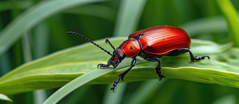 Adult scarlet lily beetle on green lily leaf in a garden, with shiny red forewings and black legs, eyes, antennae, and head.