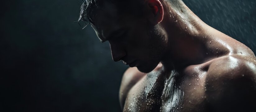 Bare-chested man in dimness.