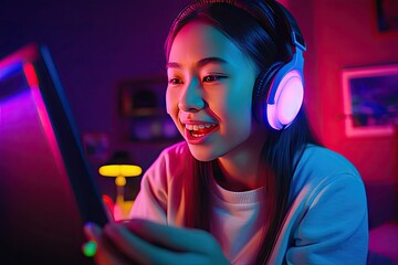 happy asia girl gamer wear headphone competition play video game online smartphone colorful neon lights living room home esport streaming game online home quarantine activity concept - obrazy, fototapety, plakaty