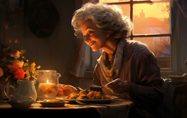 Fototapeta na wymiar Family Dinner Senior Lady Enjoys Cozy Meal with Loved Ones