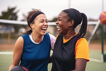 sports friends netball players court happy laughing bond while training outdoors funny women sport team members bonding humor joke silly conversation match practice - obrazy, fototapety, plakaty