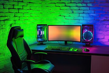gaming chair colorful bright rgb pc keyboard mouse monitor green screen copy space front led light brick stone wall computer playing hardware games background