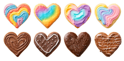 Heart Love shape cookie cookies biscuit, chocolate rainbow frosting icing set, on transparent background cutout. PNG file. Many assorted different design. Mockup template for artwork design - obrazy, fototapety, plakaty