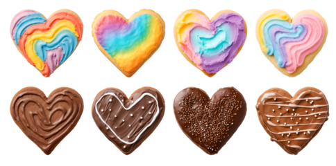 Heart Love shape cookie cookies biscuit, chocolate rainbow frosting icing set, on transparent background cutout. PNG file. Many assorted different design. Mockup template for artwork design