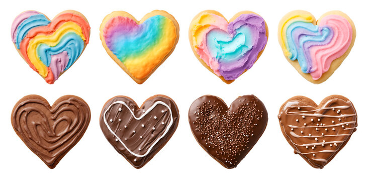 Heart Love shape cookie cookies biscuit, chocolate rainbow frosting icing set, on transparent background cutout. PNG file. Many assorted different design. Mockup template for artwork design