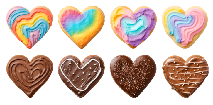 Heart Love shape cookie cookies biscuit, chocolate rainbow frosting icing set, on transparent background cutout. PNG file. Many assorted different design. Mockup template for artwork design