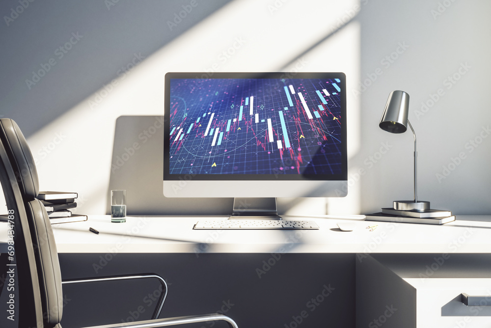 Poster modern computer monitor with abstract creative financial chart, research and strategy concept. 3d re