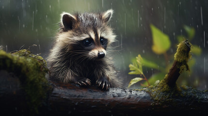 Sad baby raccoon in rainy forest
