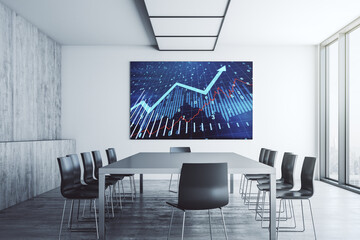 Abstract creative financial graph and upward arrow on tv display in a modern presentation room, financial and trading concept. 3D Rendering