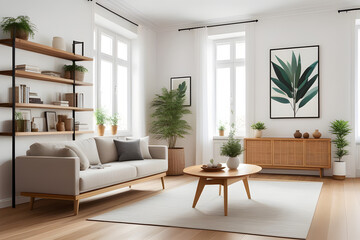 Scandinavian style living room with furniture design, plants, bamboo bookshelves and wooden table. Brown wooden parquet. Abstract painting on white wall. Nice apartment.