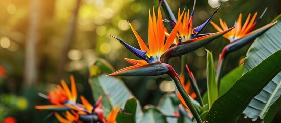 Blooming strelitzia flowers decorate the garden with fresh, artistic charm.