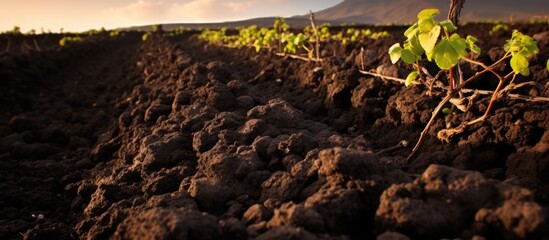Black volcanic soil in vineyards of La Geria, Lanzarote, Canary Islands, Spain, supporting...