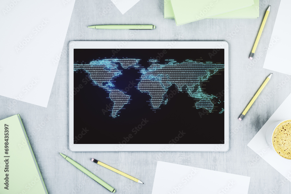 Aufkleber top view of abstract world map on modern digital tablet screen, big data and blockchain concept. 3d 