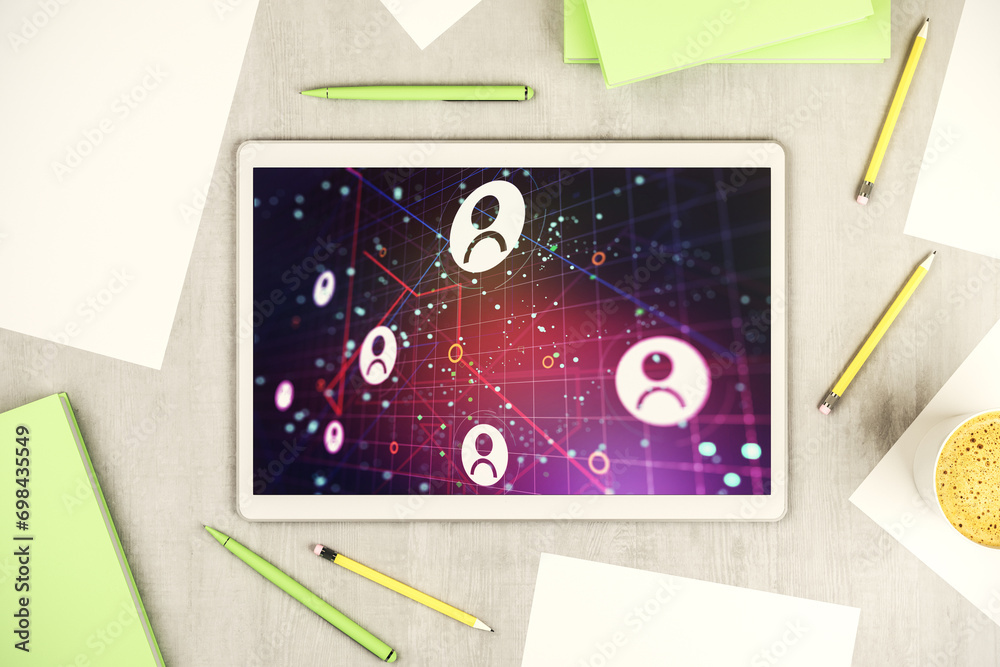 Leinwandbilder modern digital tablet screen with social network icons concept. networking concept. top view. 3d ren