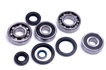 Ball bearings and rubber seals on a white background