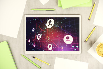 Modern digital tablet screen with social network icons concept. Networking concept. Top view. 3D Rendering