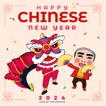 lion dance illustration greeting card for chinese new year festival