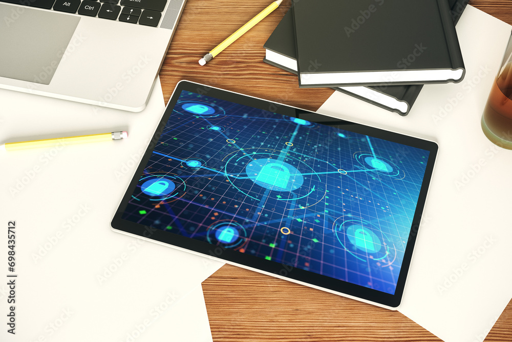 Poster Creative lock sketch with chip hologram on modern digital tablet screen, protection of personal data concept. Top view. 3D Rendering