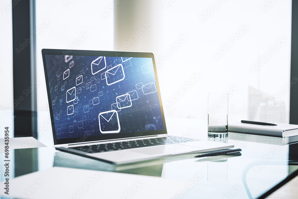 Poster Modern computer monitor with postal envelopes hologram. Electronic mail and spam concept. 3D Rendering
