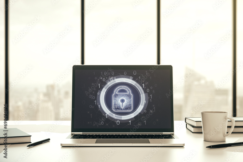 Poster Creative idea concept with lock symbol and microcircuit illustration on modern laptop screen. Protection and firewall concept. 3D Rendering