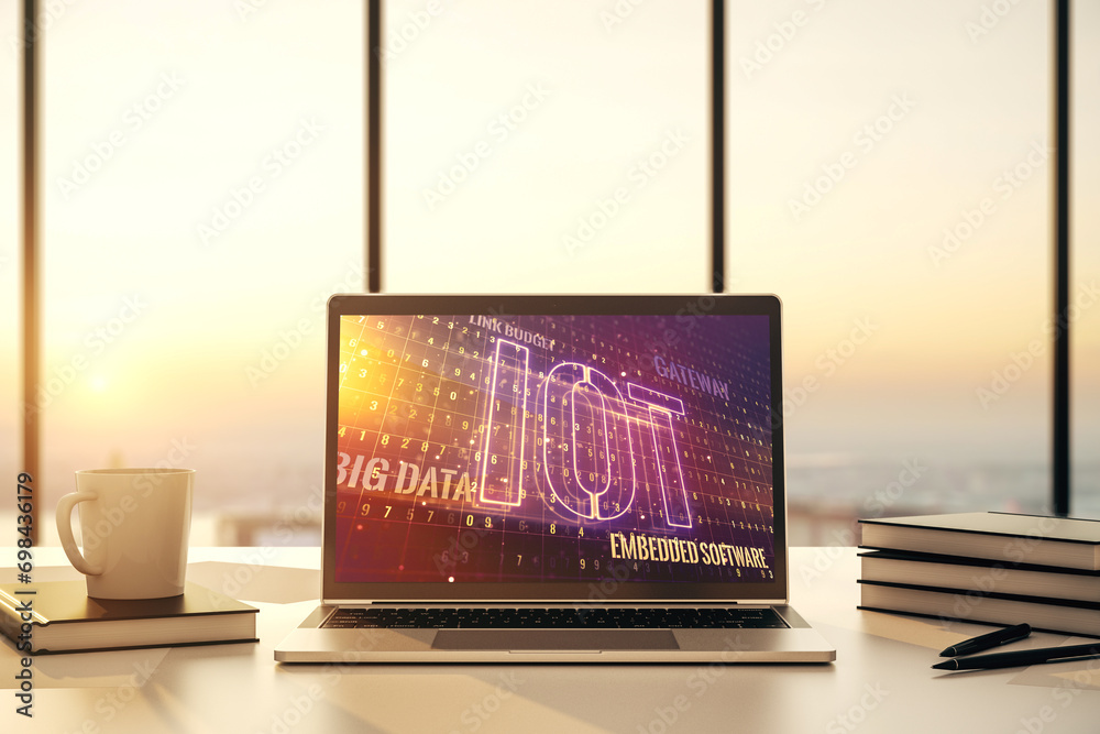 Fototapete modern computer monitor with creative iot hologram, research and development concept. 3d rendering