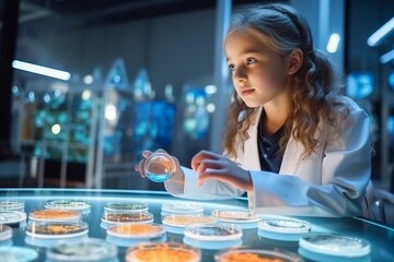 Little girl in lab coat working on petri dish with microorganisms - obrazy, fototapety, plakaty