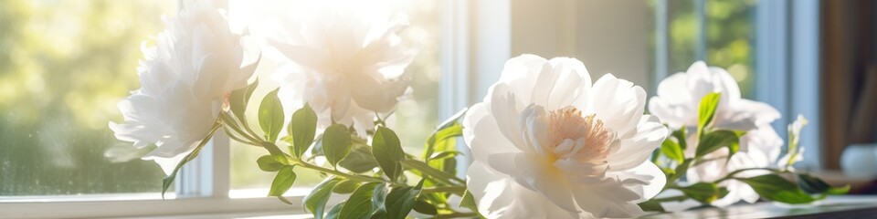 A vase filled with white flowers sitting on a window sill
