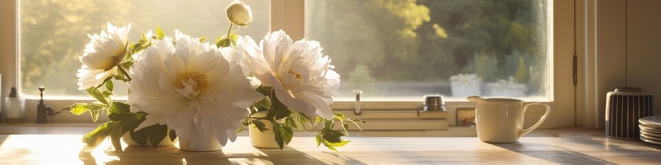 A vase of white flowers sitting on a kitchen counter