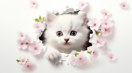 A white kitten peeking out of a hole in a wall