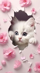A white cat peeks out of a hole in a wall with pink flowers