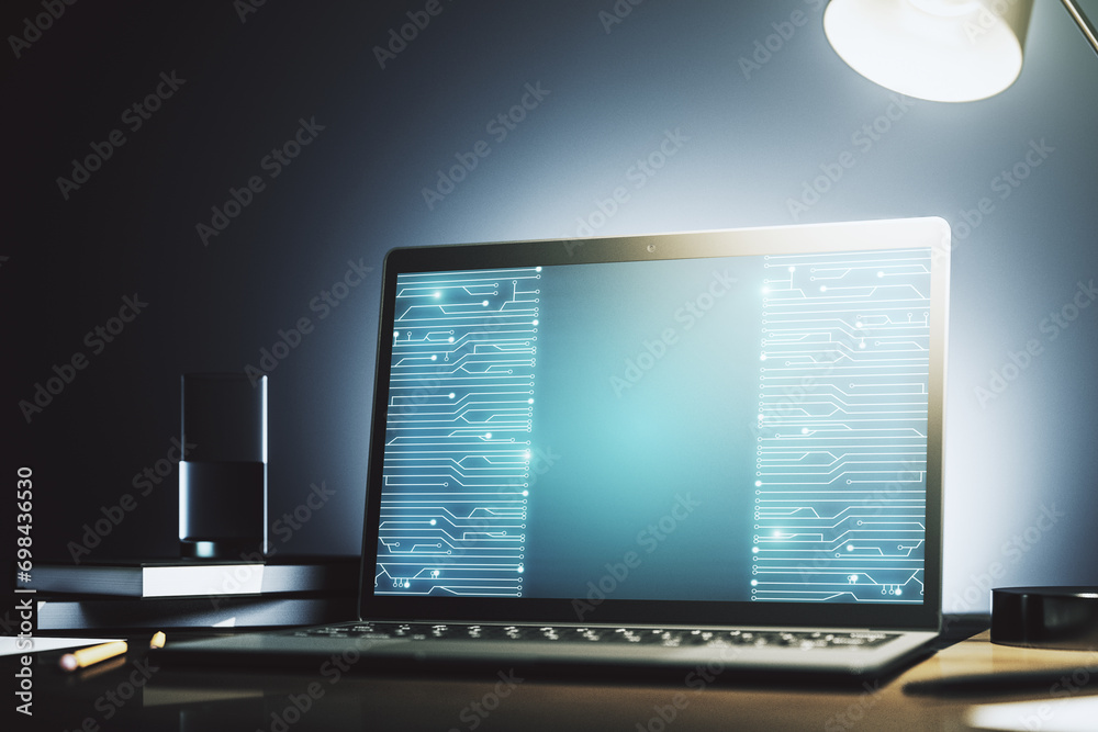 Aufkleber Creative abstract micro chip hologram on modern computer monitor, artificial intelligence and machine learning concept. 3D Rendering