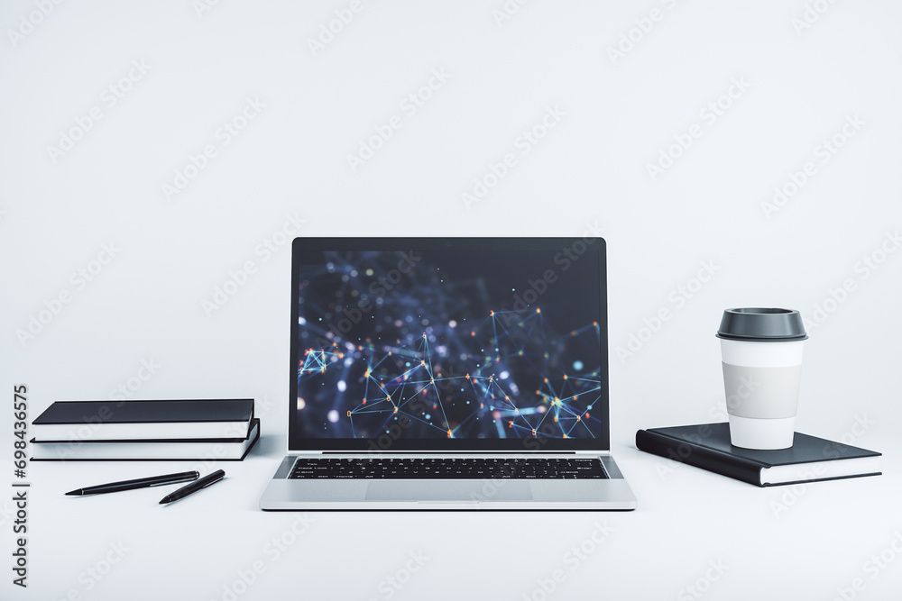 Aufkleber Creative abstract wireless technology hologram on modern computer monitor, artificial intelligence and machine learning concept. 3D Rendering