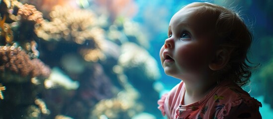 Fascinated baby girl enjoying zoo aquarium, watching sea life.